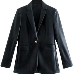 Women's Leather Faux Adherebling Traf Women PU Jacket Metal Single Button Vintage Long Sleeve Blazers Pockets Female Black Suit Coat 220913