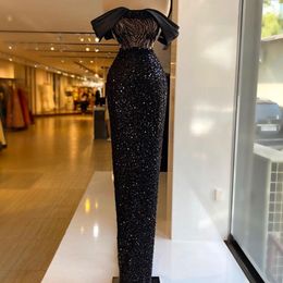 2022 Black Evening Dresses Wear Sheath Off Shoulder Arabic Sexy Short Sleeves Sequined Lace Bling Sequins Prom Dress Formal Party Second Reception Gowns