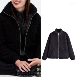 Women's Jackets Women's LPNVVS 2022 ZAR Autumn Winter Fashion Padded Jacket Lamb Wool Neutral Casual Short Black Warm Coat PL1147