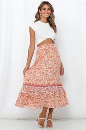 Skirts 2022 Vintage Boho Long Skirt Plus Size Floral Printed Ruffle Maxi Ladies High Waist Holiday Beach Womens