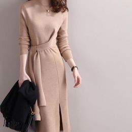 Casual Dresses High Collar Wool Knit Dress Female Qiu Dong Long Temperament Fork Skirt