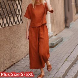 Women's Two Piece Pants Women's Summer Casual Women Sets Plus Size 5XL Cotton Linen O-Neck Tops And Straight Outfits Female 2Pcs