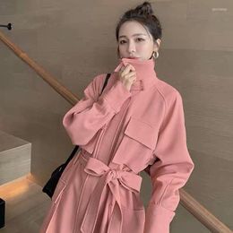 Women's Trench Coats Women's Pink British Style Spring Women Coat Office Lady Pockets Outerwear With Belt Elegant Zipper Tops Cotton