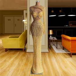 New Yellow Mermaid Prom Dresses See Through Beaded Sequined Party Dresses Long Sleeves Lace Custom Made Evening Dress