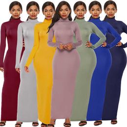 Women Long Sleeved Dresses Sexy Slim Elastic High Collar Long Skirt Ladies Solid One-Piece Dress Plus Size S-5XL