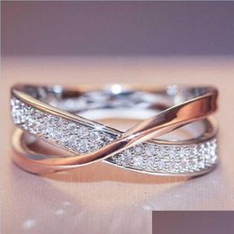 With Side Stones Elegant Cross Ring With Stones Creative Rosegold Sier Double Colour Diamond Womens Wed Anniversary Jewelr Carshop2006 Dhtiq