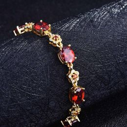 Link Bracelets Luxury Gold Colour Hands Chain Jewellery Charm Bridal Red Garnet Stone Bracelet For Women Engagement Wedding Costume