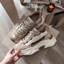 Dress Shoes BeauToday Platform Sneakers Women Suede Leather Patchwork Fabric Round Toe Mixed Colour LaceUp Chunky Sole Ladies Trainers 29430 220913