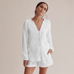 Women's Sleepwear Hiloc Pocket White Sleepwear Cotton Suits With Shorts Female Lacing Long Sleeves Set Woman 2 Pieces V-Neck Women Pyjama Spring 220913