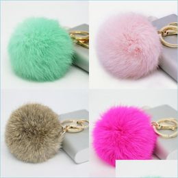Key Rings Wholesale Cute Pomppomp Genuine Leather Rabbit Fur Ball Plush Key Chain For Car Ring Bag Pendant Keychain Drop Del Lulubaby Dhqba