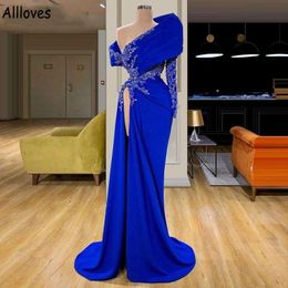 Royal Blue Satin Mermaid Evening Dresses Aso Ebi Elegant One Shoulder Shiny Sequins Beaded Formal Occasion Party Gowns Sexy High Split Prom Robe de Soiree CL1118