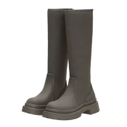 Stivali al ginocchio da donna di marca Moda piattaforma casual Scarpe invernali Donna 2022 Stivali lunghi in pelliccia calda Calzature da ufficio da donna Nero opaco in morbida pelle Punta tonda Goth romano Beige