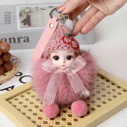 Keychains Cute Big Eyes Doll Pompom Keychain Real Fox Fur Pendant For Women Bag Car KeyRing Phone Fine Jewellery Accessories Kids Girl Gift T220909