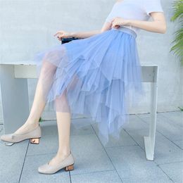 Skirts Women's Multi-layer Asymmetrical Mesh Skirt Summer Lolita Sweet High Waist Mid-Calf Length Ball Gown Female ClothingSkirts