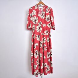 2022 Autumn 3/4 Sleeve V Neckline Red Dress French Style Floral Print Panelled Elastic Waist Dresses 22S130042