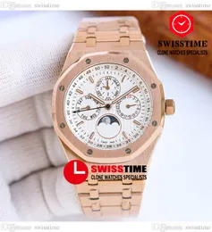 26574 Complicated Function A5134 Automatic Mens Watch HWF 41 Rose Gold White Texture Dial Stick Moon Phase Stainless Steel Bracelet Super Edition Swisstime E5