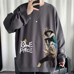 Mens Hoodies Sweatshirts M8XL Straw Hat Luffy and Ace Print Long Sleeve Fashion Round Neck Loose Plus Size Solid Colour Sweaters Couple Wear 220912