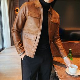 Men's Leather Faux Leather Fashion Korean Slim Fit Turn Down Collar Multi Pockets PU Leather Jackets For Men Clothing Streetwear Long Sleeve Casual Coats 220913