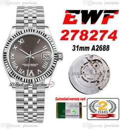 EWF 31mm 278274 ETA A2688 Automatic Ladies Watch Fluted Bezel Rhodium Grey Dial VI Diamonds JubileeSteel Bracelet Super Edition Womens Same Series Card Puretime A1