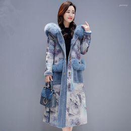 Women's Trench Coats Women's Print Suede Cotton Winter Jacket Women Warm Long Parkas Hooded Fur Collar Parka Overcoat Plus Size Coat