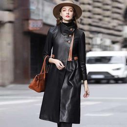 Women's Leather Women's & Faux High End 2022 Spring Sheepskin Coat Half Sleeves Black Real Long Windbreaker Classic Loose Office Jacket