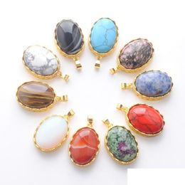 Pendant Necklaces Natural Gemstone Pendant Jewellery Gift For Women Man Oval Stone Beads Gold Plated Colour Crystal Red Agate G Yydhhome Dhlgo