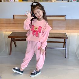 Family Matching Outfits 1 Set2pcs Kids Girls Sister Cute Pink Bow Tie Tops Sweatershirt and Long Pants Baby Girl Clothes 220913