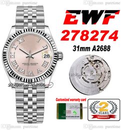 EWF 31mm 278274 ETA A2688 Automatic Ladies Watch Fluted Bezel Pink Dial Silver Markers JubileeSteel Bracelet Super Edition Womens Same Series Card Puretime E5