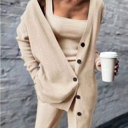 Women's Two Piece Pants Spring Solid Rib Knitted 3 Piece Sets Women Elegant Strapless Top and Long Pants Suit Sexy Single Breasted Long Cardigan Outfits 220913
