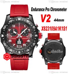 Endurance Pro 44 Miyota Quartz Chronograph Mens Watch V2 X823109A1K1S1 PVD Steel All Black Big Number Markers Red Rubber Strap Watchs Cronômetro Swisstime H8