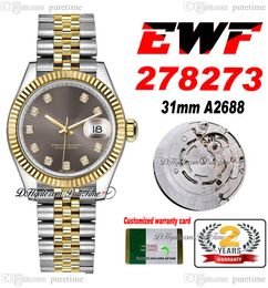 EWF 31mm 278273 ETA A2688 Automatic Ladies Watch Two Tone Yellow Gold Gray Diamond Dial JubileeSteel Bracelet Super Edition Womens Same Series Card Puretime C3