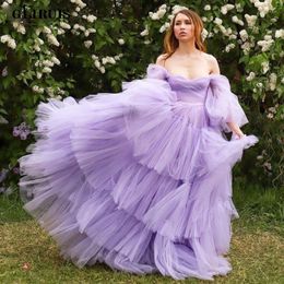 Party Dresses Lavender Long Puffy Sleeves Prom Off The Shoulder Evening Gowns Lace Up Women Formal DressParty