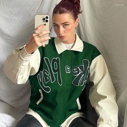 Women's Jackets Green Patchwork Autumn Winter Jacket Baseball Women Fashion Letter Print Y2k Casual Oversized Coat Varsity Bomber Streetwear