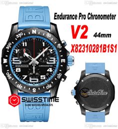 Endurance Pro 44 Miyota Quartz Chronograph Mens Watch V2 X82310281B1S1 PVD Steel All Black Big Number Markers Sky Blue Rubber Strap Watches Stopwatch Swisstime F6