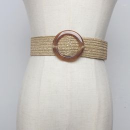 Belts Designer High Quality Style Woven Resin Round Buckle Non-porous Adjustable Strap Skirt Straw Elastic Women Belt Leisure