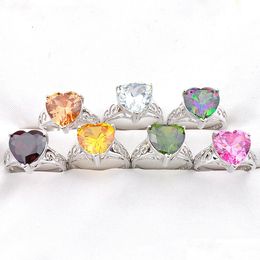 Solitaire Ring Wholesale Mix Colour 10 Pcs/Lot Valentines Day Gift Jewellery Love Heart Topaz Cubic Zirconia Gemstone 925 Sier Vipjewel Dhqwa