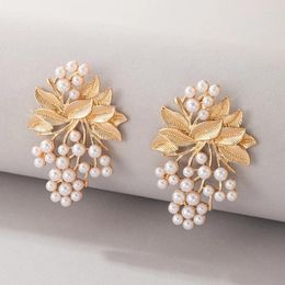 Stud Earrings Elegant Big Flowers Leaf Drop For Women Luxury Pearl Stone Alloy Metal Gold Earring Party Jewelry 20535