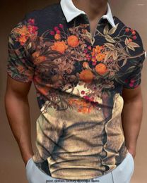 Men's Polos Shirts For Men 2022 Style High Quality Zipper Floral Shirt Short Sleeve Mens Turn-Down Collar Homme