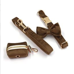 Durable Dog Collar with Leash Bow Tie Poop Bag Holder Brown Velvet Quick Release Gold Metal Buckle for Large Medium Small Dogs Collar