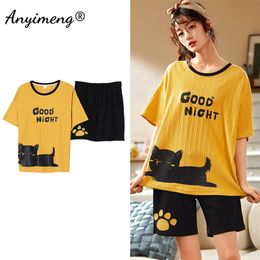 Women's Sleepwear Drop Women Pyjamas Summer Shorts Cotton Pijamas Yellove Cute Cats Printing Fashion Girl's Homewear Korean Pyjama Set 220913