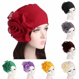 Fashion Big Flowers Hat Party Wedding Headwear Muslim Women Solid Colour Wrap Turban Beanie Headtie Cap African Bandanas Headgear