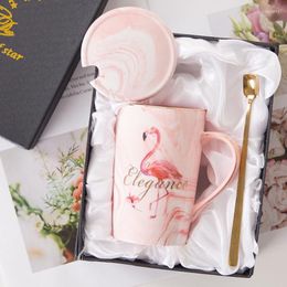 Mugs Flamingo Couple Cup And Mug Gift Box Ceramic Coffee Marble Pattern Home Drinkware Lovers Wedding