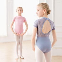 Stage Wear Girls Kids Ballet Leotard Child Dance Costume Lace Stand Collar Gymnastics Bodysuit Backless Short Sleeve Teen Swimsuit