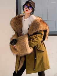 Women's Fur 2022 Winter Raccoon Collar Women Parka Keep Warm Down Jacket Army Green Full Pelt Loose Oversize Coats