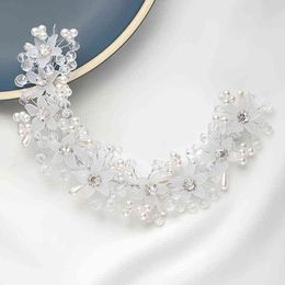 Wedding Hair Jewellery Silver Colour Tiara Luxury Bride Headband Handmade Crystal Bead Flower Hairband Wedding Dressing Crowns Accessories Women Jewellery T220918