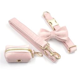 Valentine's Day Dog Collar with Leash Bow Tie Poop Bag Holder Pink Velvet Quick Release Gold Metal Buckle for Large Medium Small Dogs Collar