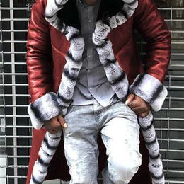 Men's Leather Faux Coat Fleece Fur Patchwork Long Hooded Jacket Imitation Trench Coats Winter Overcoat Male 220913