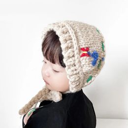 Korean Baby Bonnet Hats Handmade Crochet Kids Knitted Hat Floral Autumn Winter Infant Girl Cap Toddler Accessories 5-20M