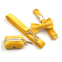 Durable Dog Collar with Leash Bow Tie Poop Bag Holder Yellow Velvet Quick Release Gold Metal Buckle for Large Medium Small Dogs Collar Christmas Gifts