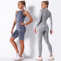 Women's Two Piece Pants Women Seamless Set Fitness Sports Suits Gym Clothes Workout Long Sleeve Shirts High Waist Running Leggings Pants Suits 220913